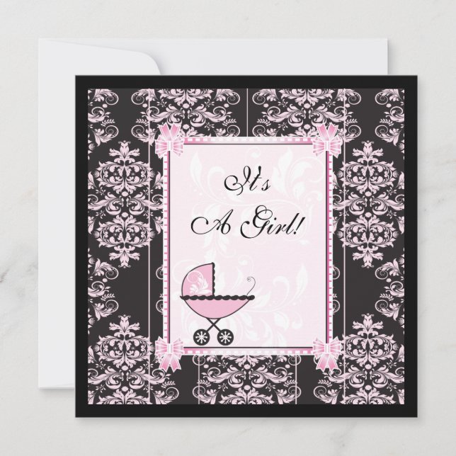 Pink and Black Damask Baby Shower Invitation (Front)