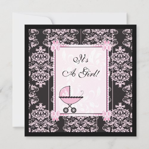 Pink and Black Damask Baby Shower Invitation