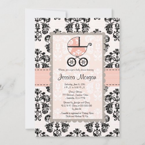 Pink and Black Damask Baby Shower Invitations