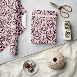 Pink and Black Damask Bats Wrapping Paper