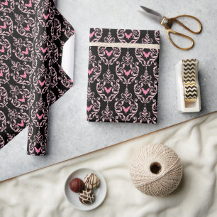 Pink and Black Damask Bats Wrapping Paper
