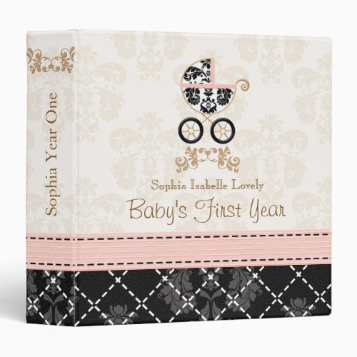 Pink and Black DAMASK Carriage Baby Photo Album Binder