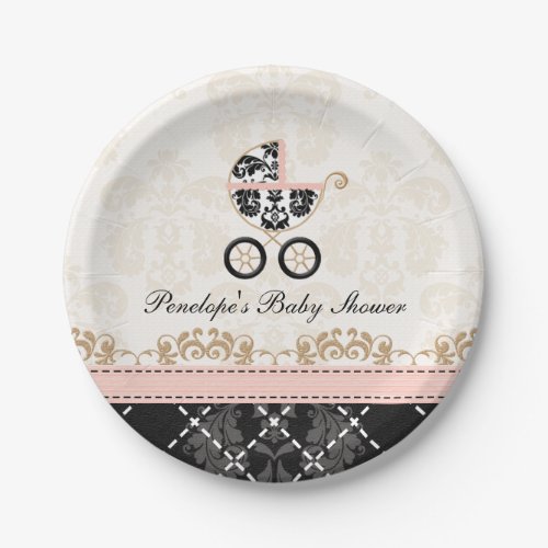 Pink and Black Damask Carriage Baby Shower Paper Plates