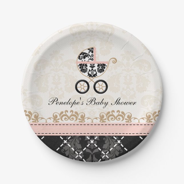 Pink and Black Damask Carriage Baby Shower Paper Plates (Front)