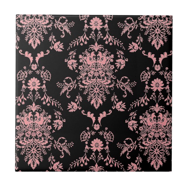 Pink and Black Damask Ceramic Tile (Front)