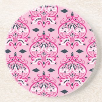 Pink And Black Damask Coaster by Cardgallery at Zazzle