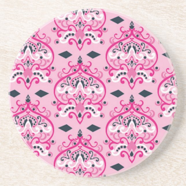 Pink and Black Damask Coaster (Front)