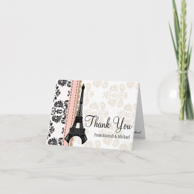 PINK AND BLACK DAMASK EIFFEL TOWER THANK YOU CARD (Front)