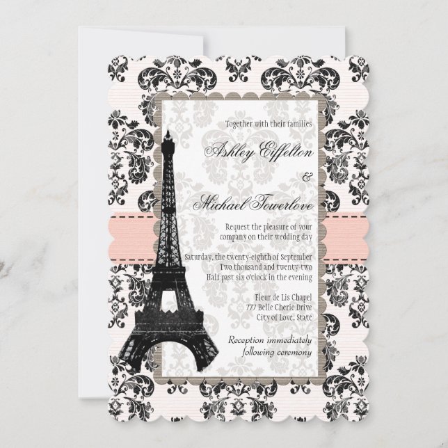 Pink and Black Damask Eiffel Tower Wedding Invitation (Front)