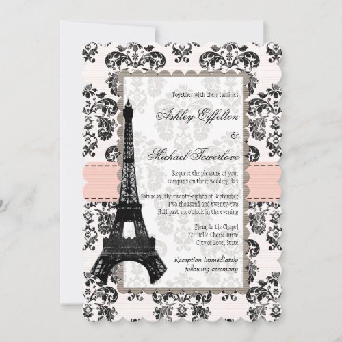 Pink and Black Damask Eiffel Tower Wedding Invitation