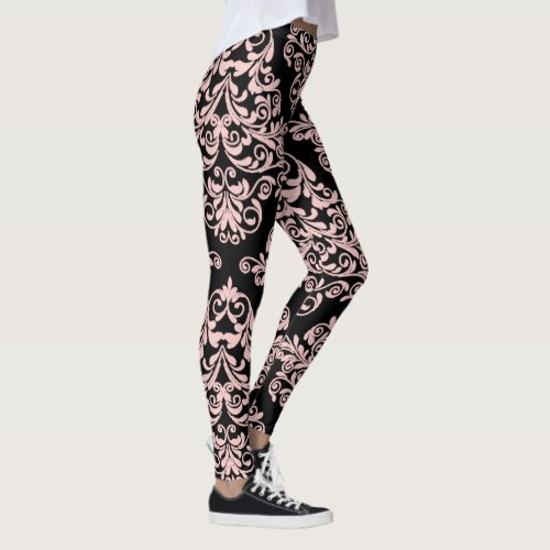 Pink and Black Damask Elegant Leggings