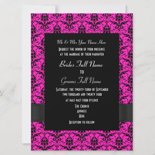 Pink and black damask formal wedding invitation (Front)