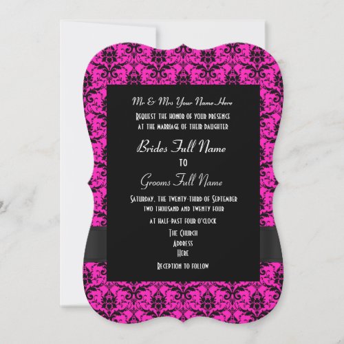 Pink and black damask formal wedding invitation