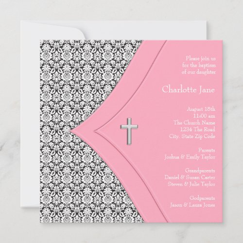 Pink Black Damask Cross Girl Baptism Christening Personalized Announcements