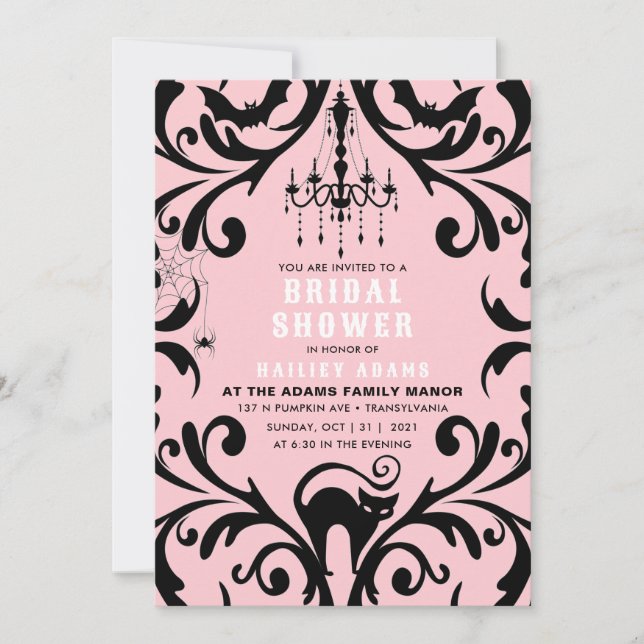 Pink and Black Damask Glam Halloween Bridal Shower Invitation (Front)