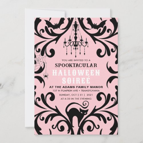 Pink and Black Damask Glam Halloween Soiree  Invitation