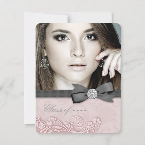 Pink Black Damask Photo Graduation Announcements