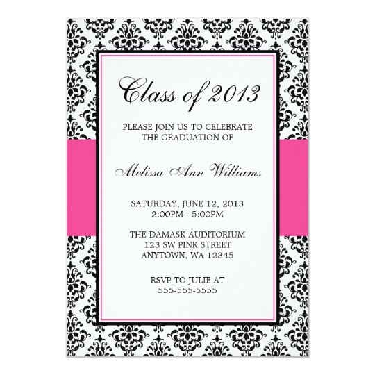 Pink and Black Damask Graduation Announcement | Zazzle