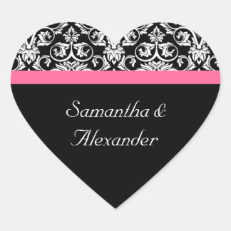 Pink and Black Damask Heart Damask Sticker Seal