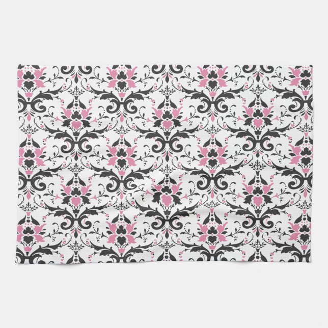 Pink and Black Damask Pattern Kitchen Towel (Horizontal)
