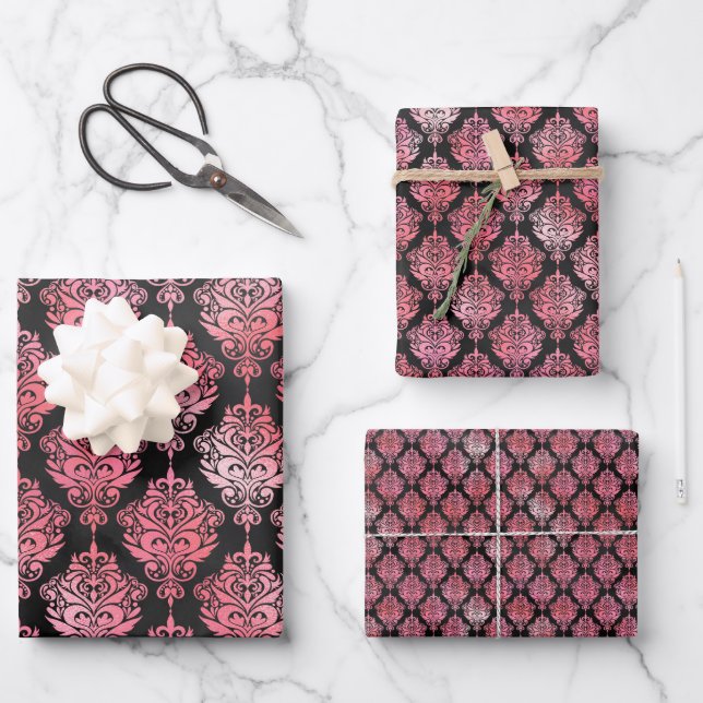 Pink and Black Damask Pattern Wrapping Paper Sheets (Front)