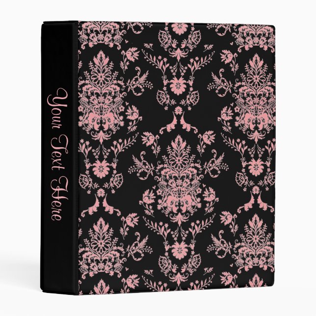 Pink and Black Damask Personalized Mini Binder (Front/Spine)