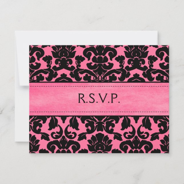 Pink and Black Damask Reply Card (Front)