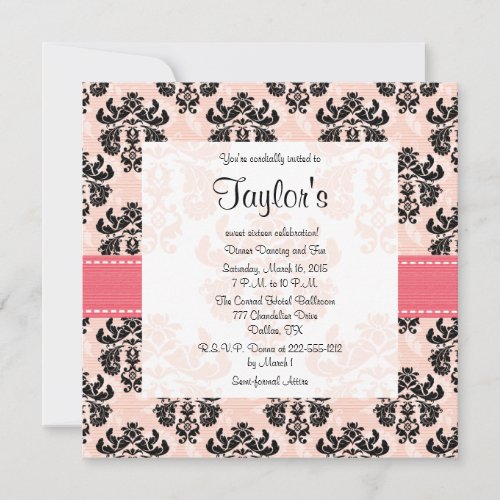 Pink and Black Damask Sweet Sixteen Invitations