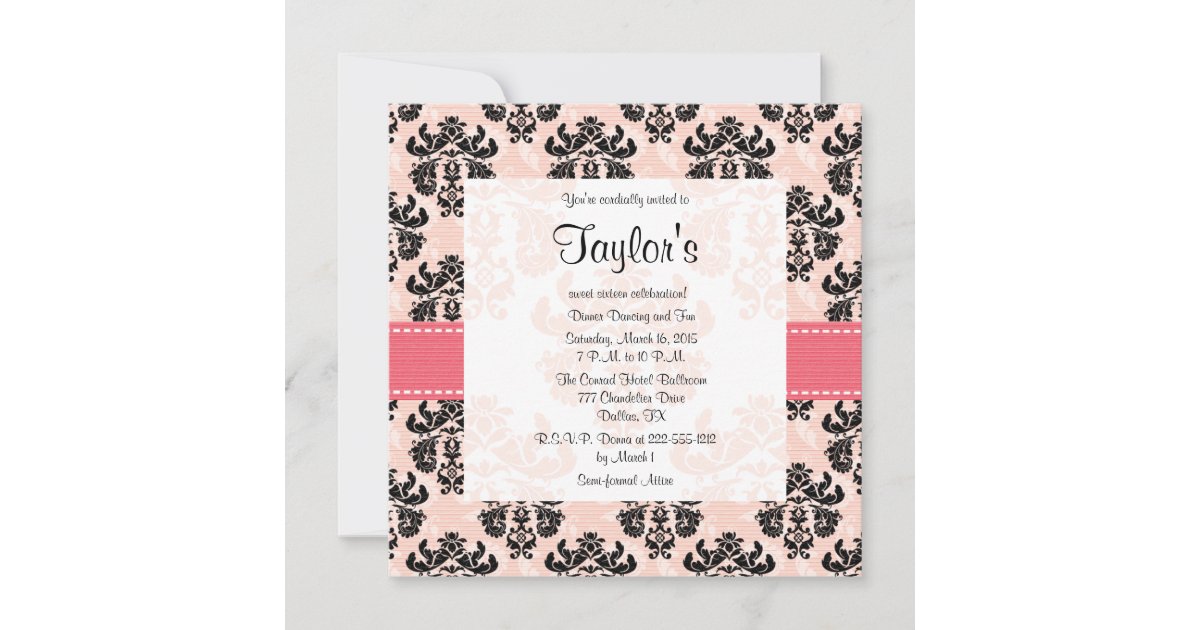 Pink and Black Damask Sweet Sixteen Invitations | Zazzle