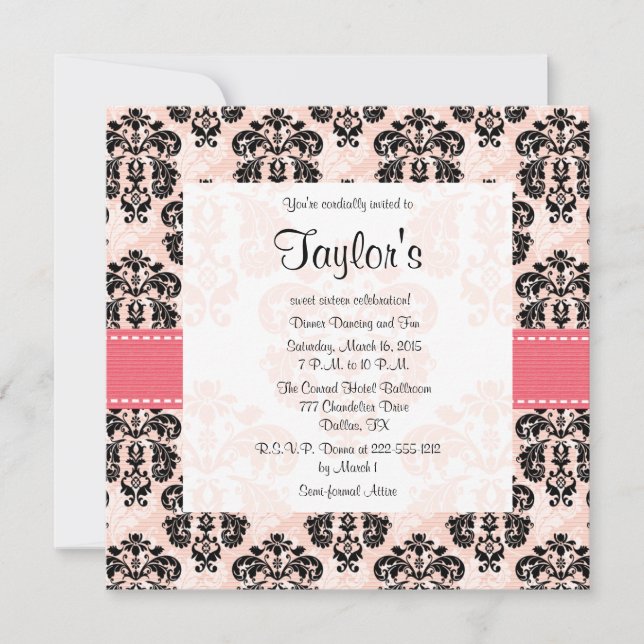 Pink and Black Damask Sweet Sixteen Invitations (Front)