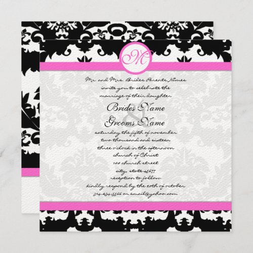 Pink and Black Damask Swirls Wedding Invitation