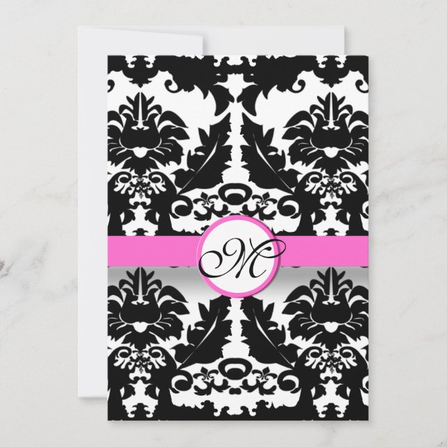 Pink and Black Damask Swirls Wedding Invitation (Front)