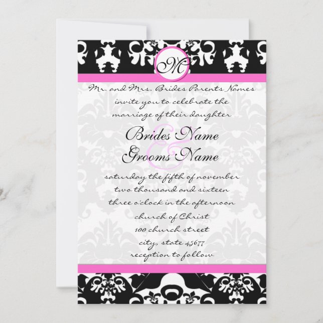 Pink and Black Damask Swirls Wedding Invitation (Front)
