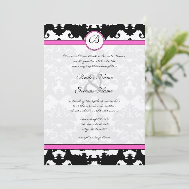 Pink and Black Damask Swirls Wedding Invitation (Standing Front)