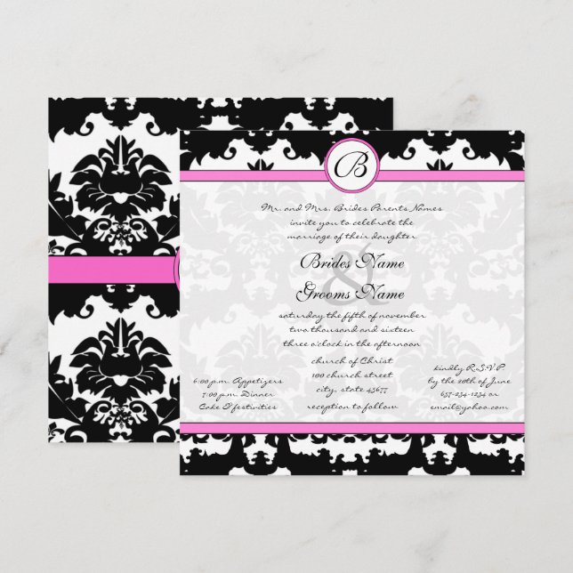 Pink and Black Damask Swirls Wedding Invitation (Front/Back)