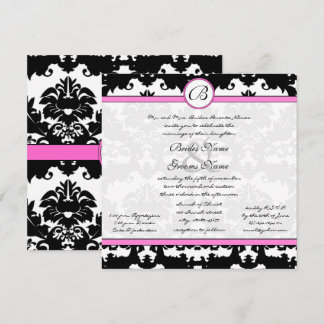Pink and Black Damask Swirls Wedding Invitation