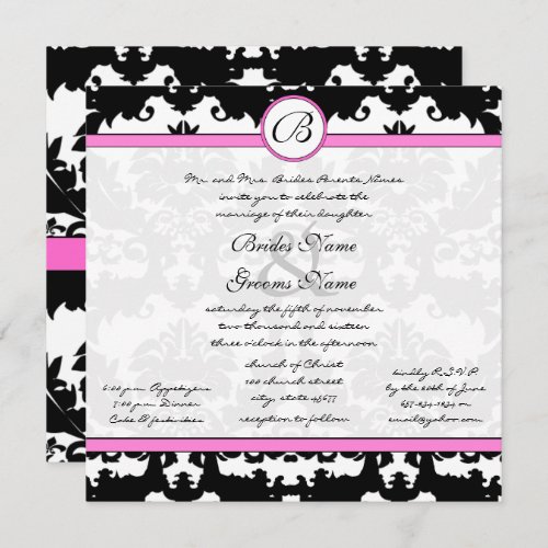 Pink and Black Damask Swirls Wedding Invitation