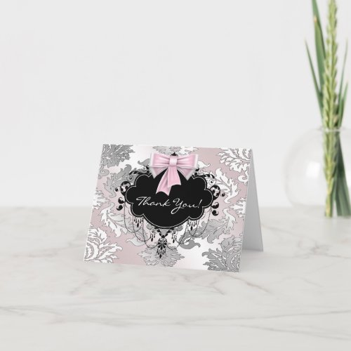 Pink and Black Damask Thank You Cards