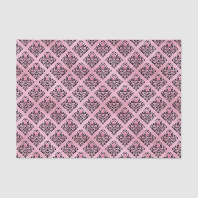 Pink and Black Damask Tissue Paper (Front)