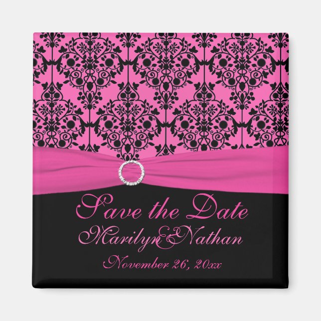 Pink and Black Damask Wedding Favor Magnet (Front)