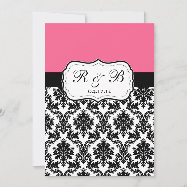 Pink and Black Damask Wedding Invite (Front)