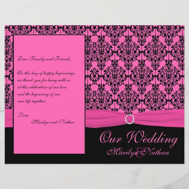 Pink and Black Damask Wedding Program (Front)