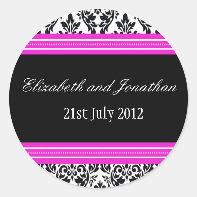 Pink and Black Damask Wedding Sticker (Front)