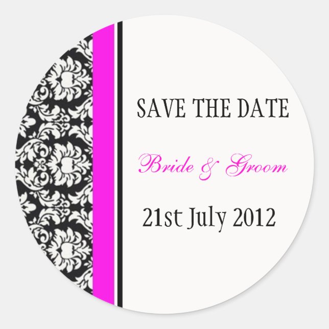 Pink and Black Damask Wedding Stickers (Front)