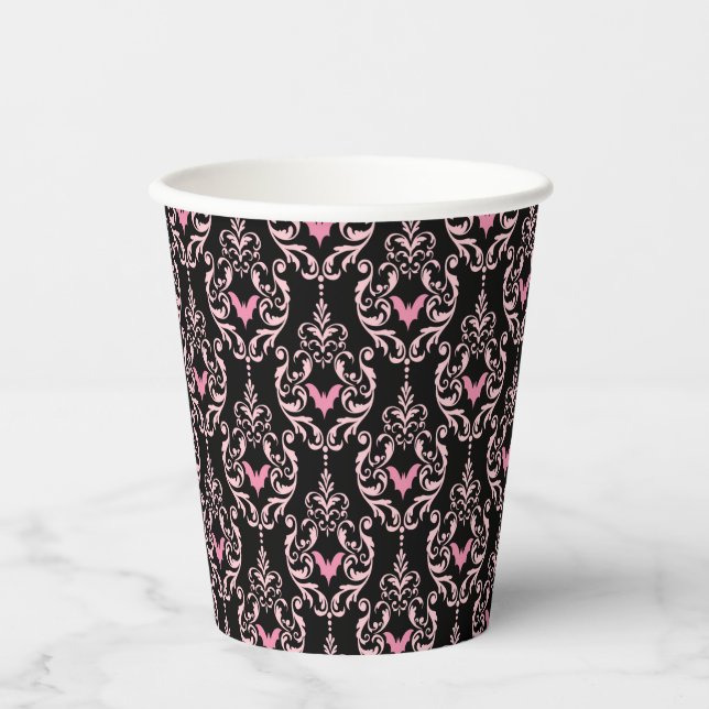 Pink and Black Damask with Bats | Halloween Paper Cups (Front)