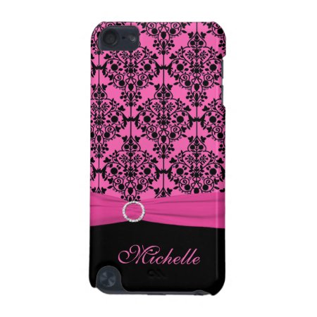 Pink And Black Damask With Faux Ribbon Ipod Touch Ipod Touch (5th Gene