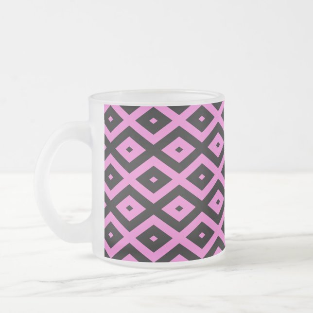 Pink and black diamond pattern frosted glass coffee mug (Left)