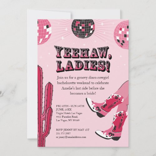 Pink and Black Disco Cowgirl Bachelorette Weekend Invitation