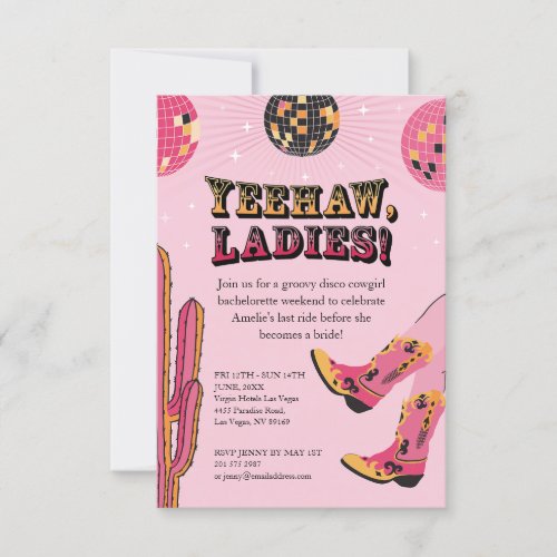 Pink and Black Disco Cowgirl Bachelorette Weekend Invitation