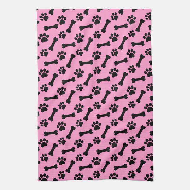 PINK and BLACK Dog Paws and Bones B06 Kitchen Towel (Vertical)